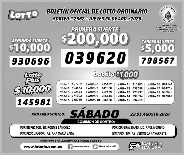 JUEVES 20 DE AGOSTO LOTTO