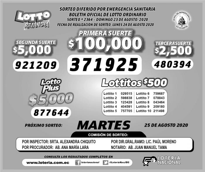 LOTTO DOMINGO 23 DE AGOSTO