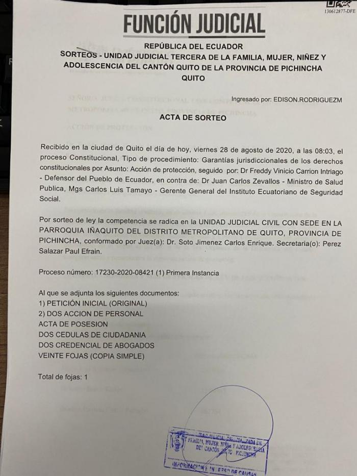 El acta de sorteo de la denuncia presentada por la Defensoría del Pueblo.