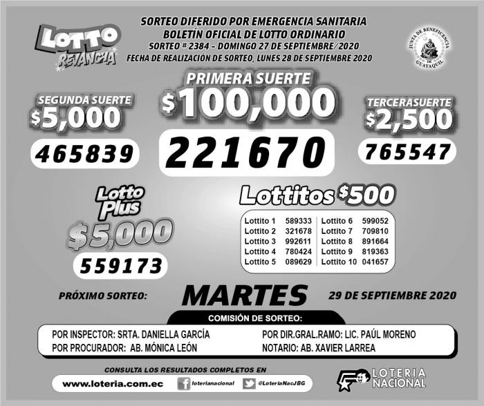 LOTTO LUNES 28 DE SPTIEMBRE