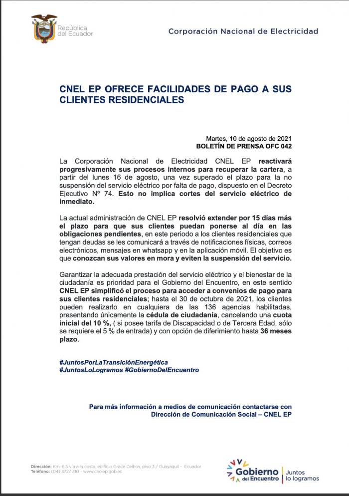 Comunicado de CNEL 10 de agosto