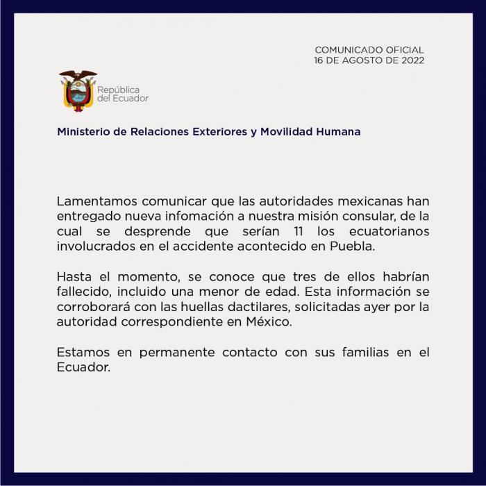 COMUNICADO DE CANCILLERIA SOBRE ECUATORIANOS ACCIDENTADOS EN MEXICO