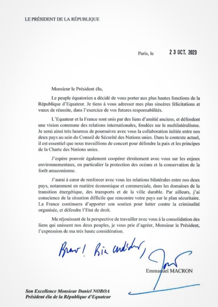 Carta de Emmanuel Macron a Daniel Noboa.