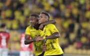 Jandry Gómez (d) anotó el prime gol de Barcelona SC en el duelo ante Leones FC.