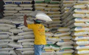 Una persona carga un saco de arroz en una bodega.