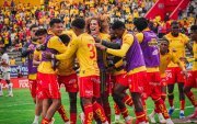 Toda la alegría de Aucas con el gol de Ederson Quiñónez.