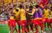 Toda la alegría de Aucas con el gol de Ederson Quiñónez.