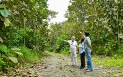 Producción. De izq. a der.: Matecki, Wazhima y Mogrovejo, en en el Rancho Alemán, Bucay, donde 10 hectáreas de teca se manejan bajo un sistema agroforestal experimental.