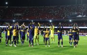 Jugadores de Boca Juniors, entre ellos Enner Valencia, celebraron al finalizar el partido por los cuartos de final de la Copa Sudamericana entre Sao Paulo y Boca Juniors.