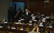 Proceso. Jorge Peñafiel, legislador interpelante, de Construye, durante su presentación de alegatos contra Wilman Terán y Maribel Barreno.