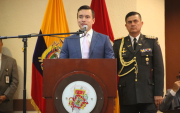 El presidente de la República, Daniel Noboa, durante su intervención por la Independencia de Cuenca.