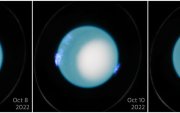 Tres imágenes del telescopio espacial Hubble de la NASA/ESA de la aurora dinámica en Urano en octubre de 2022. Fotografía facilitada por