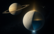 Ilustración de Encélado, luna helada de Saturno, mostrando su océano subterráneo y los géiseres que emergen desde su polo sur, observada por una nave espacial en la distancia.