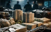Representación del uso de bienes raíces y propiedades como mecanismos para el lavado de dinero por parte de redes del crimen organizado.