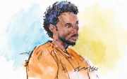 Boceto en la sala del tribunal de David Anthony Burke durante la sesión del jueves 23 de abril de 2026.