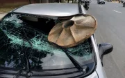 La tapa de la alcantarilla se incrustró en el parabrisas del automóvil, sobre el lado del conductor, quien recibió atención médica.