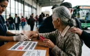 Imagen simbólica de una adulta mayor comprando boletos con el descuento.