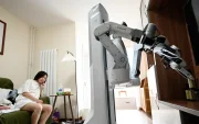 Esta fotografía, tomada el 21 de mayo de 2026, muestra un robot X Square organizando objetos en un estante en la casa de un cliente en Pekín.