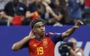 El delantero de la selección española Lamine Yamal celebra el primer gol del partido del Mundial 2026 entre España y Arabia Saudí,