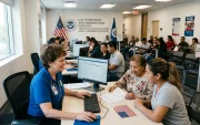Personas cumplen trámites en el Servicio de Ciudadanía e Inmigración de Estados Unidos (USCIS).