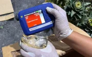 Una persona inspeccionando mercancía durante un operativo en el que decomisaron 30 kilos de presunta cocaína ocultos en piñas en Santo Domingo (República Dominicana).