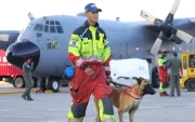 Aquí tienes un pie de foto breve, objetivo y neutral que complementa el contexto:

Un bombero camina con un perro de rescate en la pista de Latacunga antes de viajar a Venezuela este jueves.