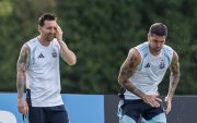 Rodrigo De Paul y Lionel Messi entrenando en Lauderdale, Florida.