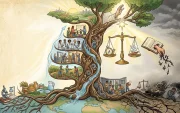 Una representación alegórica de cómo la ciencia, la educación, el trabajo y la justicia nutren el desarrollo y el bien común