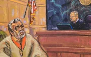 Dibujo de Jane Rosenberg del juez Brian Cogan frente a Ismael ‘el Mayo’ Zambada en el Tribunal Federal de Brooklyn, Nueva York.
