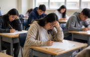 Estudiantes rinden una evaluación en un aula, en medio del debate sobre los bajos puntajes de ingreso a la universidad y la calidad de la educación en Ecuador.