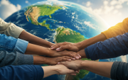 Manos unidas frente al continente americano simbolizan la cooperación, la solidaridad y la integración entre los pueblos de América.