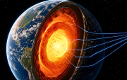 Una representación del interior de la Tierra muestra ondas sísmicas atravesando el manto y llegando hacia el núcleo, una técnica que permitió identificar posibles estructuras ocultas a gran profundidad.