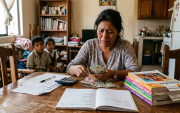 Imagen creada con IA para graficar la preocupación de una madre, que cuenta dinero para comprar textos.