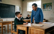 Foto referencial, generada con IA, para graficar a un profesor y un estudiante.