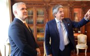 El expresidente colombiano Iván Duque y el expresidente de Ecuador, Guillermo Lasso, es una visita protocolar al Palacio de Carondelet, en Quito, en 2021.