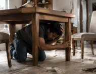Una persona se protege bajo una mesa durante un sismo, siguiendo las recomendaciones básicas de seguridad.