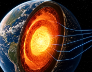 Una representación del interior de la Tierra muestra ondas sísmicas atravesando el manto y llegando hacia el núcleo, una técnica que permitió identificar posibles estructuras ocultas a gran profundidad.