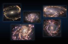 Esta imagen combina observaciones de cinco galaxias tomadas con el instrumento MUSE (Multi-Unit Spectroscopic Explorer, explorador espectroscópico multi-unidad), instalado en el Very Large Telescope (VLT) de ESO.