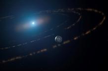 Impresión artística de la estrella enana blanca WD1054-226, orbitada por nubes de restos planetarios y un gran planeta en su zona habitable.