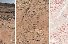 Patrón fósil hexagonal en rocas sedimentarias analizadas por Curiosity en su viaje por el cráter Gale de Marte. Imagen de NASA/JPL-Caltech/MSSS/IRAP/Rapin et al./Nature facilitada por el CNRS.