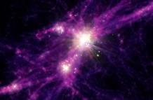 Concepción artística de las primeras galaxias con brote estelar. La imagen se ha obtenido a partir de los datos de simulación FIRE utilizados para esta investigación. Las estrellas y galaxias se muestran en los puntos de luz blanca brillante, mientras que