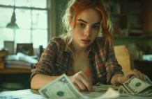Mujer con dinero en mesa