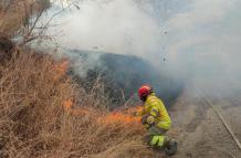 Personal del Cuerpo de Bomberos de Loja trabajan para controlar el incendio forestal en Vilcabamba.