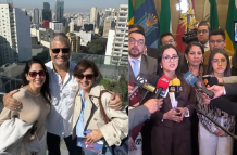 Luisa González y Rafael Correa, en Brasil, en una foto compartida por el expresidente, el 26 de junio. Y en la rueda de prensa del bloque de la RC, sobre expulsión de Santiago Díaz.