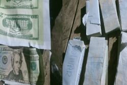 Las hojas impresas con la imagen del billete de 20 dólares y paquetes con billetes falsos fueron decomisadas en el operativo.