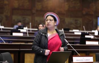 La legisladora Mariana Yumbay de Pachakutik fue la encargada de responder a la afirmación de Teresa Pasquel sobre las movilizaciones de 2019.
