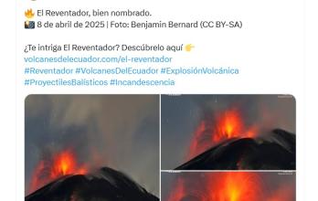 Imágenes de la erupción del volcán Reventador del 8 de abril de 2025.