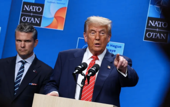 Donald Trump, en rueda de prensa tras la cumbre de la OTAN, donde arremetió contra España por no aumentar su presupuesto en Defensa.