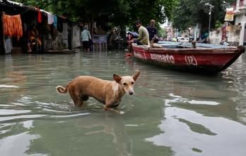 calle inundada en Varanasi