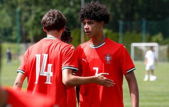 Cristiano Ronaldo Junior (R) of Portugal celebrates with a teammate during the match between Portugal and Japan at the Vlatko Markovic Under-15 youth tournament